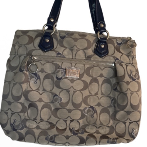 Coach Large Khaki Signature Jacquard Shoulder Bag. Blue Leather Straps - Picture 1 of 17